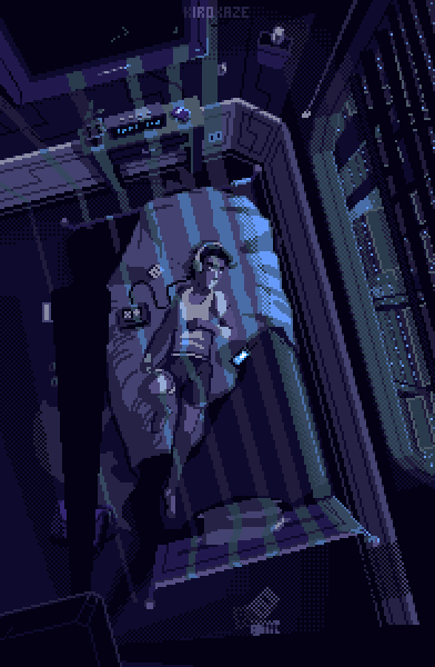 A software builder resting in an animated cobalt pixel art room